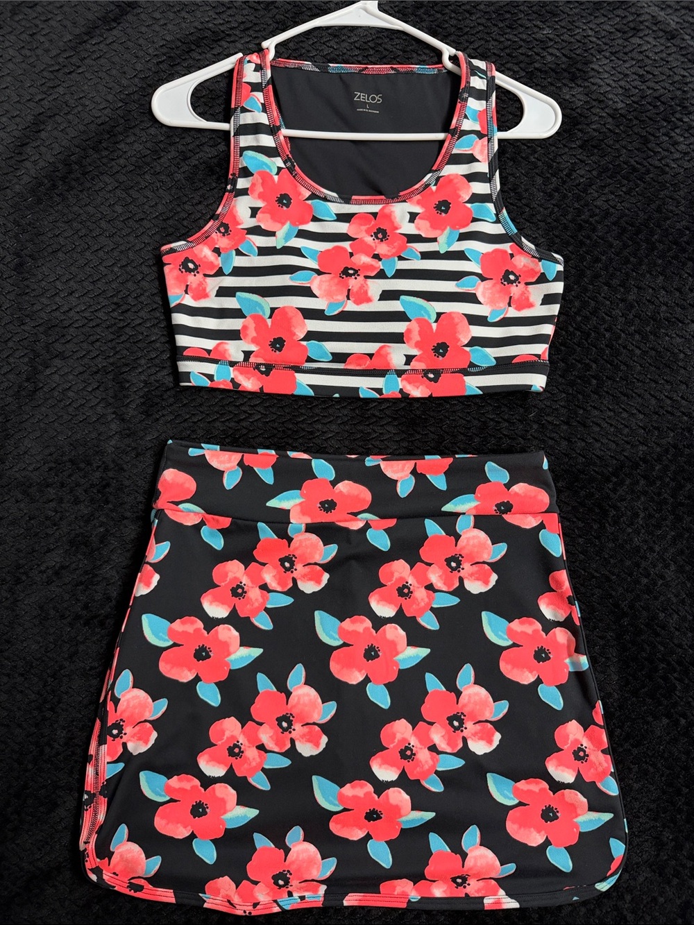 ZELOS 2 Piece Activewear/Swim Set with Coral Flowers. Crop Top and Skirt.